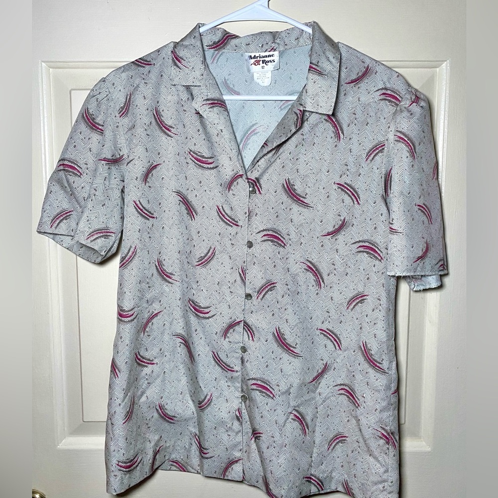 Adrianne Ross Vintage Short Sleeve Gray Pattern Button Up Shirt, 12